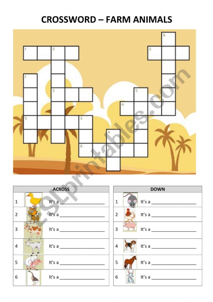 Picture crossword puzzle with farm animal illustrations and clues for kindergarten students to solve