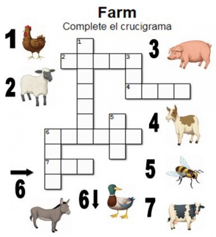 Kindergarten worksheet featuring a farm animal picture crossword puzzle for practicing early math and logic skills.