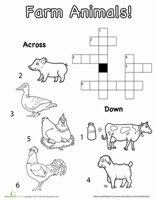 Picture crossword puzzle worksheet with farm animal clues for kindergarten students to identify and match animals