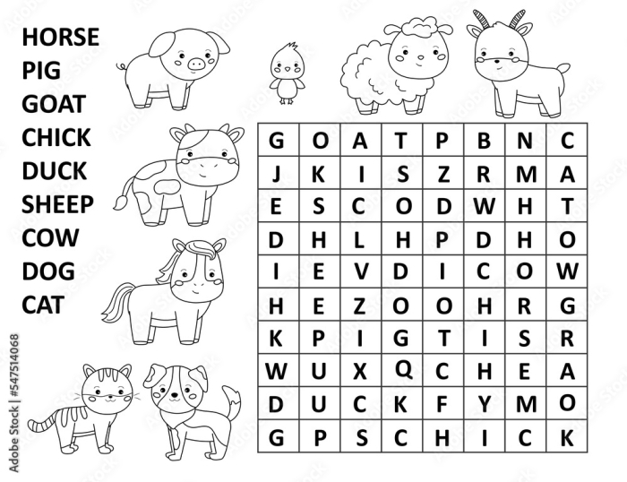 Picture crossword puzzle with farm animal clues for kindergarten students to identify and match