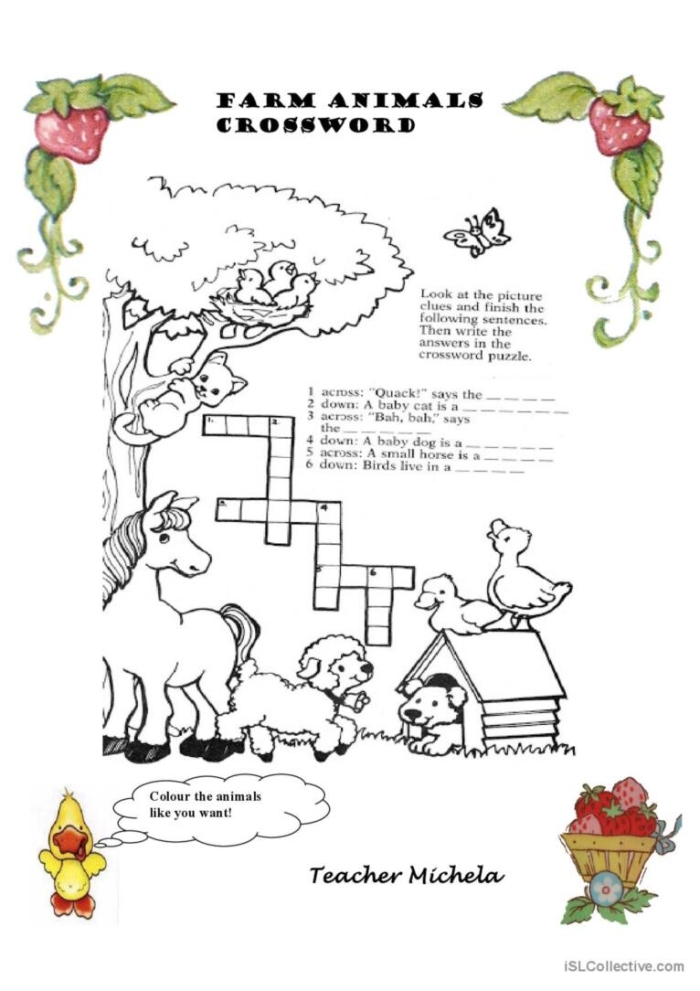 A kindergarten student working on a Picture Crossword Farm Animals printable worksheet