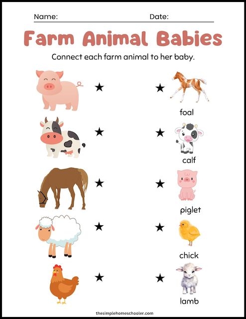 Kindergarten worksheet showing a picture crossword puzzle featuring various cute farm animals to identify