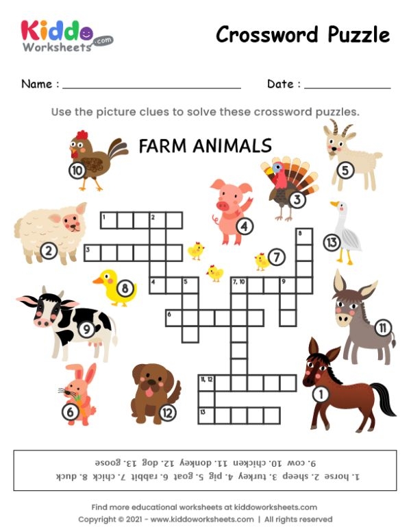 A kindergarten picture crossword puzzle worksheet featuring colorful farm animals as visual clues for children to solve