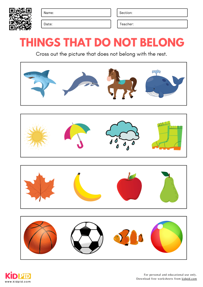 ALT text: Colorful worksheet depicting a farm scene with items that don't belong, designed for kindergarten students.