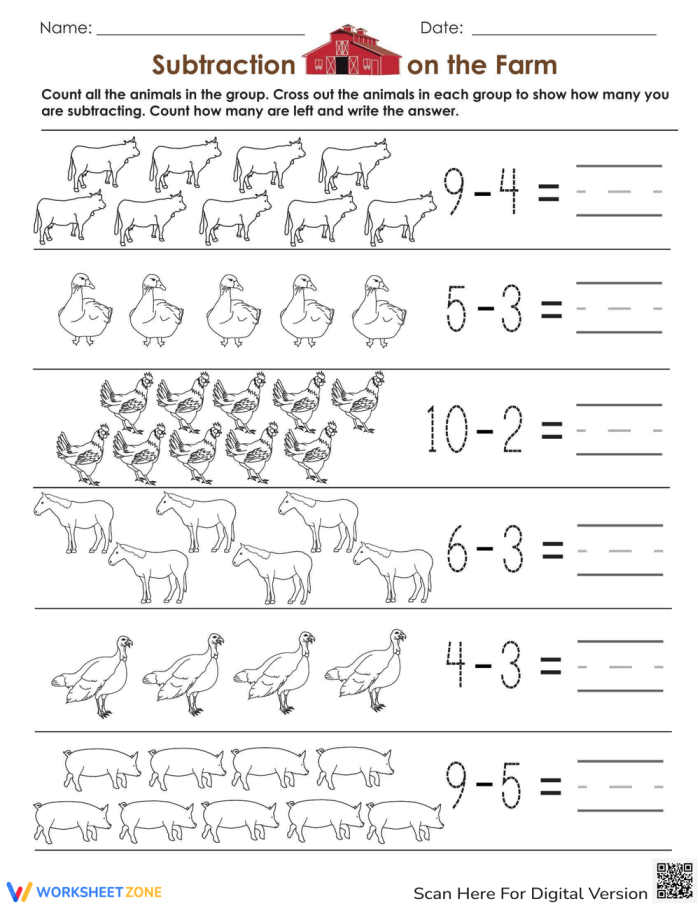Kindergarten students counting farm animals being subtracted from groups to find remaining totals on worksheet 15