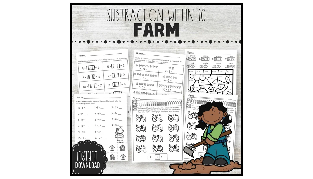 Kindergarten students solving subtraction problems with farm animals to find how many are left