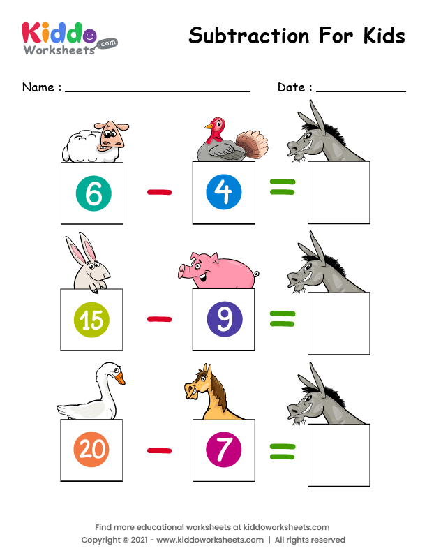 Kindergarten students solving subtraction problems with farm animals to find how many are left