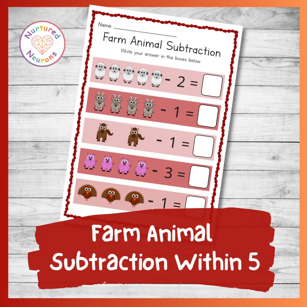 Kindergarten students solving subtraction problems with farm animals on a worksheet