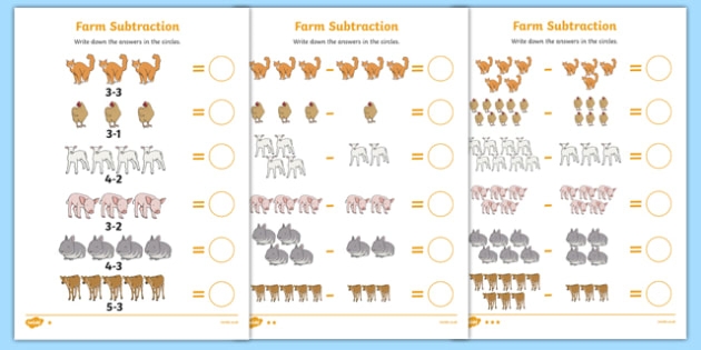 Kindergarten students practicing math by subtracting farm animals on a worksheet