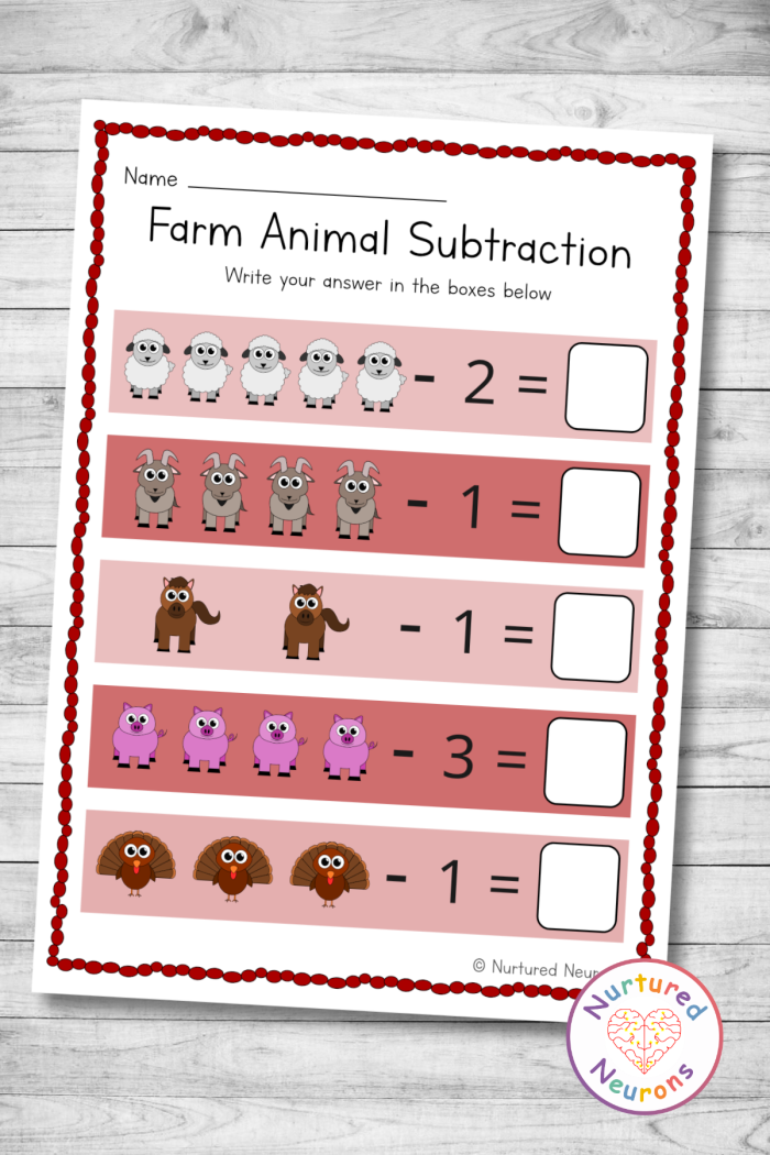 Kindergarten math worksheet featuring farm animal subtraction problems for classroom practice