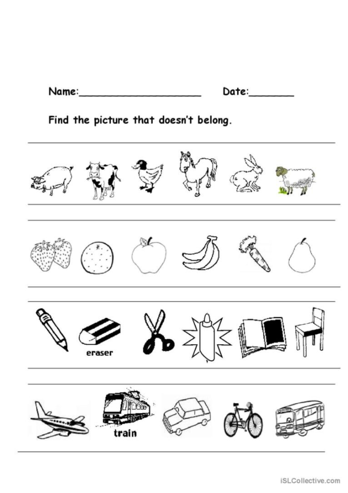Kindergarten worksheet showing a farmer looking for odd objects that do not belong on a farm