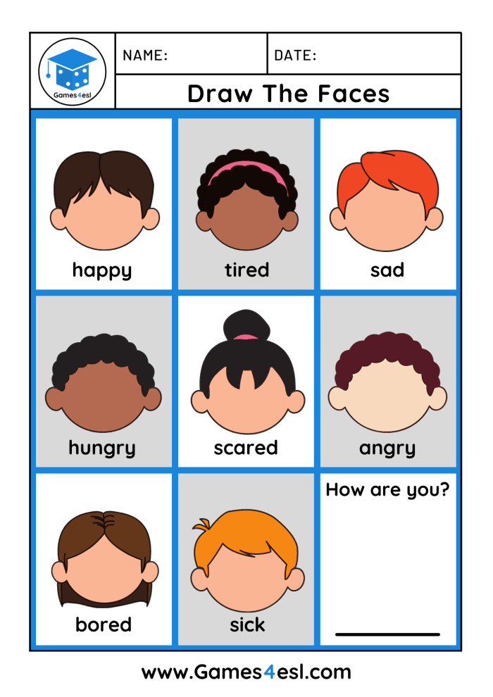 Kindergarten student worksheet featuring blank faces to practice drawing feelings for a subtraction lesson