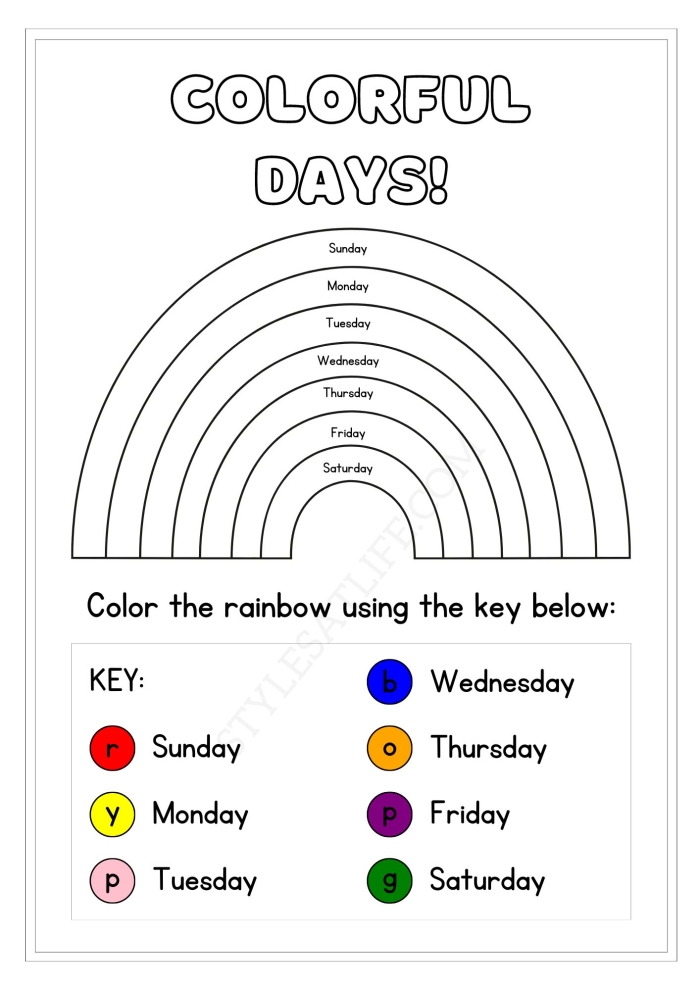 Kindergarten student completing a fill in the blank activity for the seven days of the week