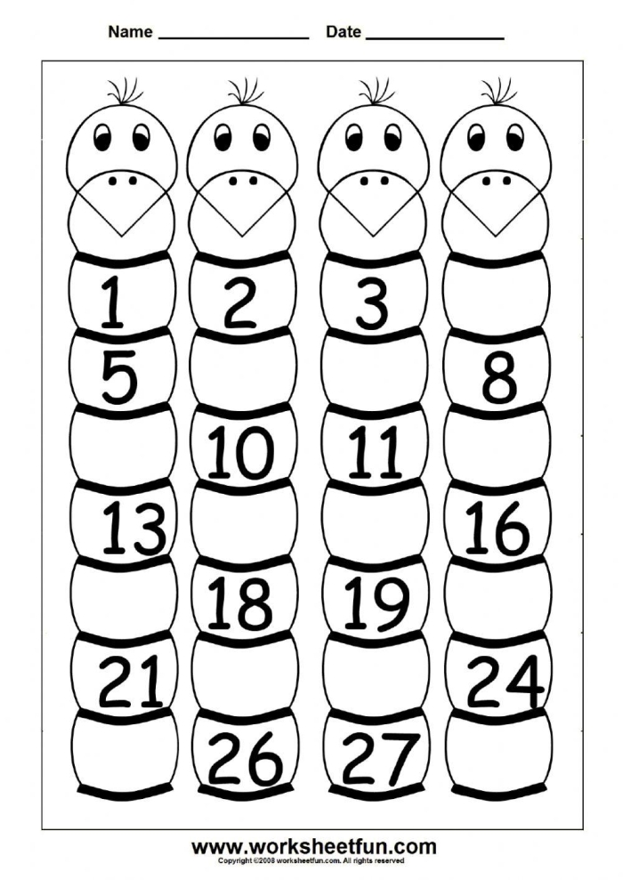 Colorful worksheet for kindergarteners to practice counting numbers up to 30 with fill-in-the-blank activities