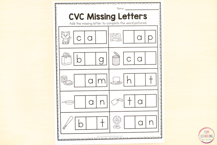 Kindergarten student completing a Find the Missing Letter worksheet to practice alphabet skills