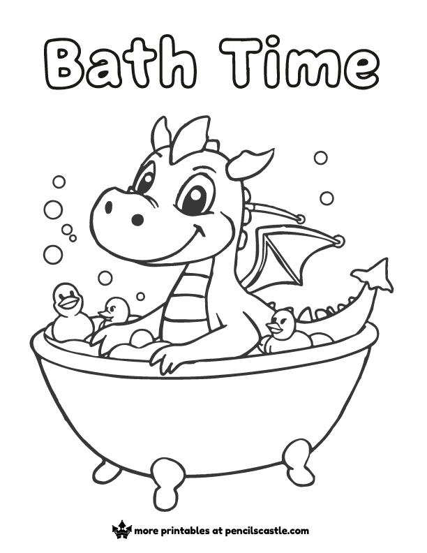 Kindergarten student coloring a cute puppy during bath time in this educational worksheet