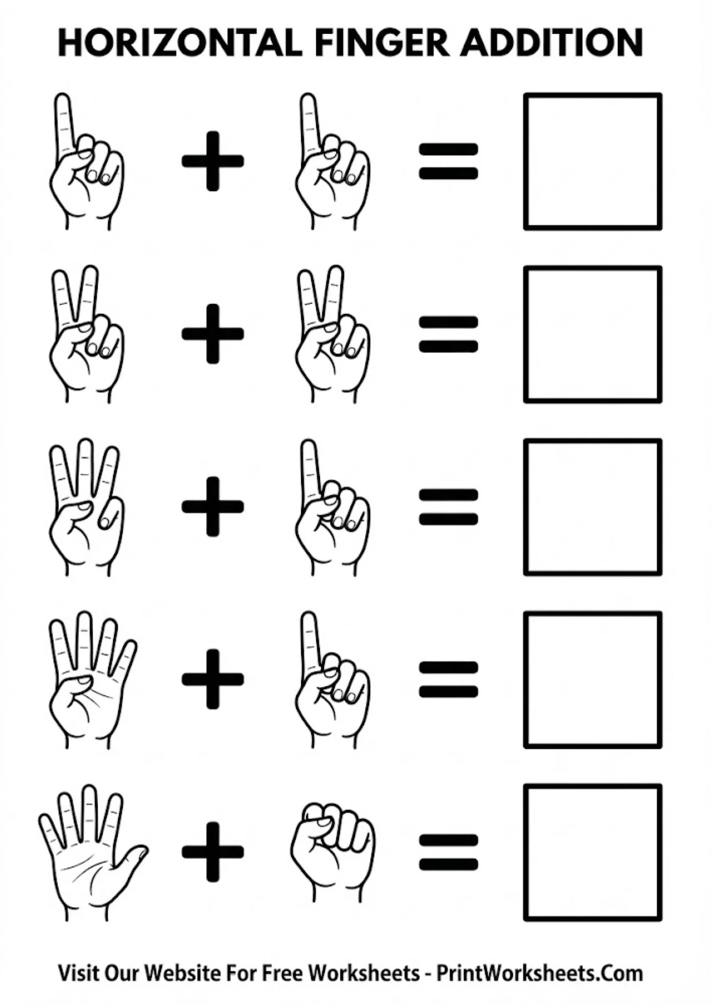 A kindergarten student using fingers to solve simple addition problems on a worksheet