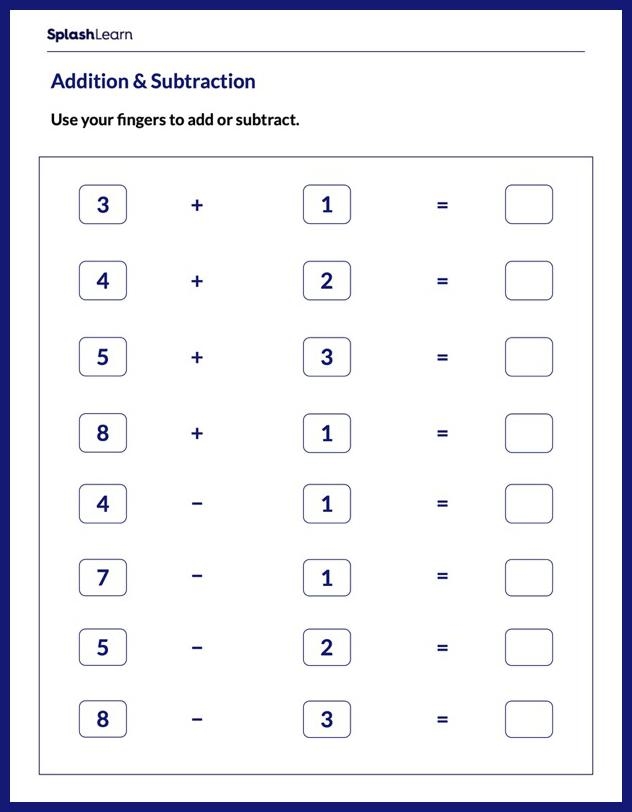 Kindergarten worksheet for practicing addition using fingers to count