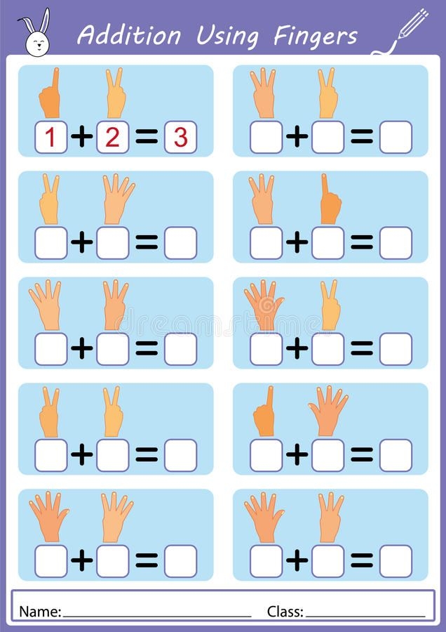 Kindergarten student using their fingers to solve basic addition problems on a math worksheet