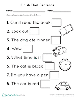 Finish that Sentence worksheet activity for young readers learning to complete stories about a dog A kindergarten worksheet showing incomplete sentences about a dog with space for children to write where the dog is going