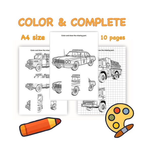 Kindergarten student completing the truck drawing worksheet with colorful art supplies