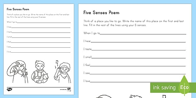 Engaging activity to explore sensory language through poetry Worksheet for creating a Five Senses Poem for kindergarten students