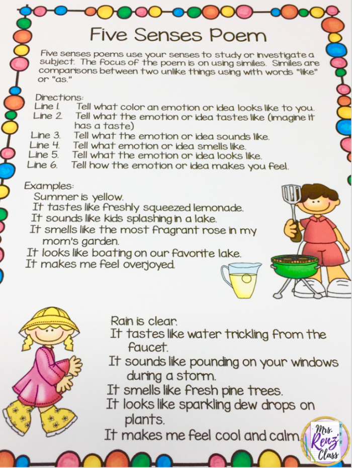 Engaging Five Senses Poem worksheet for young students in geometry Worksheet featuring a Five Senses Poem activity for kindergarten learners
