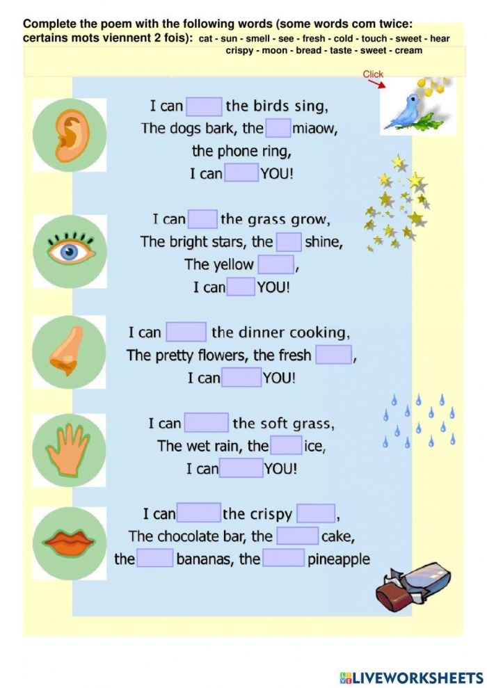 Engaging Five Senses Poem worksheet for young learners in geometry Worksheet featuring a Five Senses Poem activity for kindergarten students