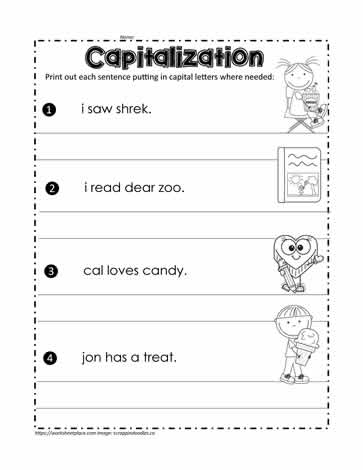 Grammar practice sheet for kindergarten students focusing on sentence structure Kitty Cat worksheet for fixing sentences with capital letters and punctuation