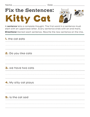 Fix the Sentences: Kitty Cat worksheet for capitalization and punctuation skills Kitty Cat worksheet for fixing sentences in kindergarten grammar practice