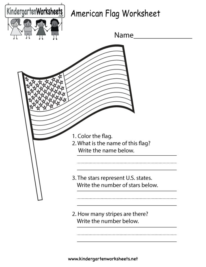 Kindergarten worksheet featuring an American Flag for counting stars and stripes