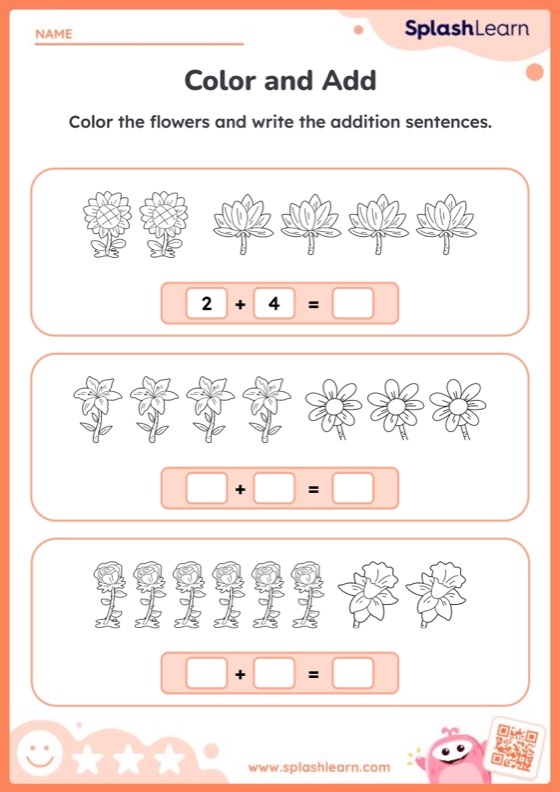 Engaging flower picture addition worksheet for young learners Colorful flower images for addition practice in a kindergarten worksheet