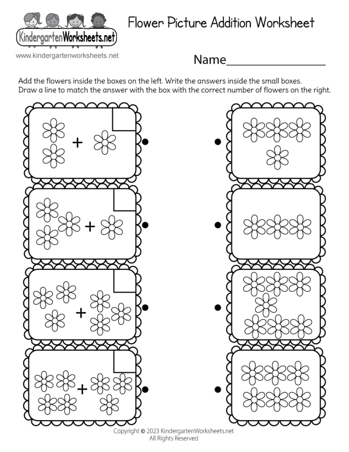 Engaging Flower Picture Addition worksheet for young learners Colorful flower images for addition practice in a kindergarten worksheet