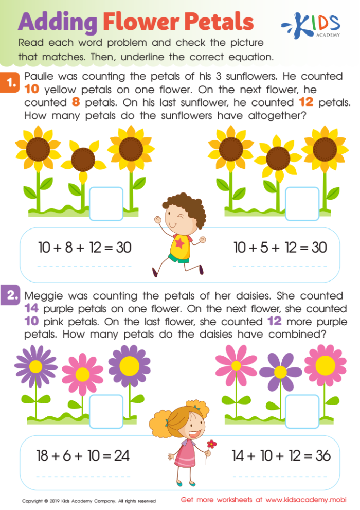 Engaging Flower Picture Addition Worksheet for Young Learners Colorful flower images for addition practice in a kindergarten worksheet