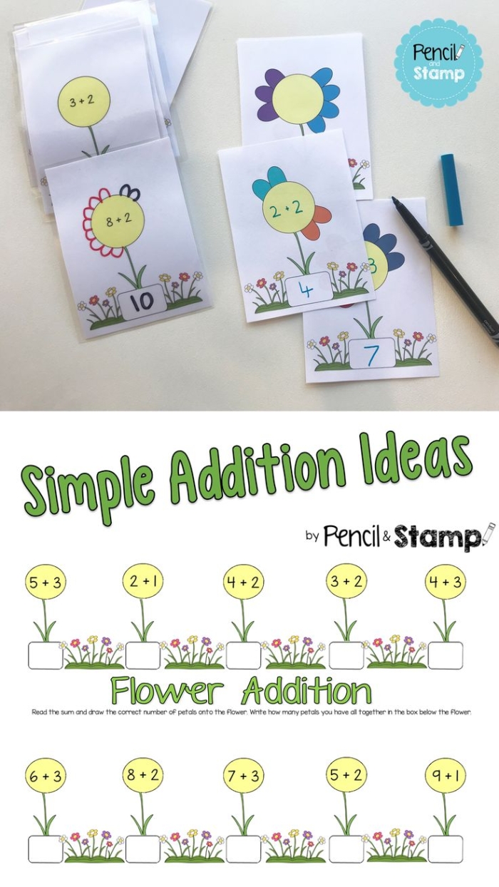 Flower Picture Addition worksheet for early math learners Colorful flower illustrations for a kindergarten addition worksheet