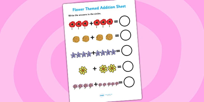 Engaging flower picture addition worksheet for young learners Colorful flower illustrations for the addition worksheet aimed at kindergarteners