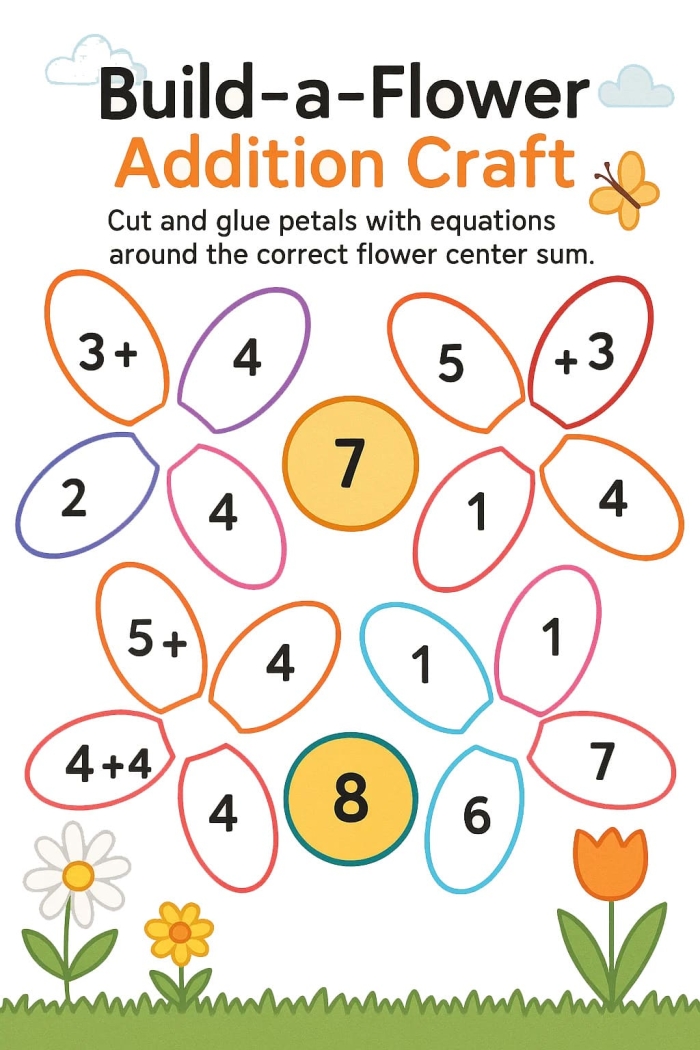 Engaging addition activity featuring flower images for young learners Colorful flower picture addition worksheet for kindergarten math practice