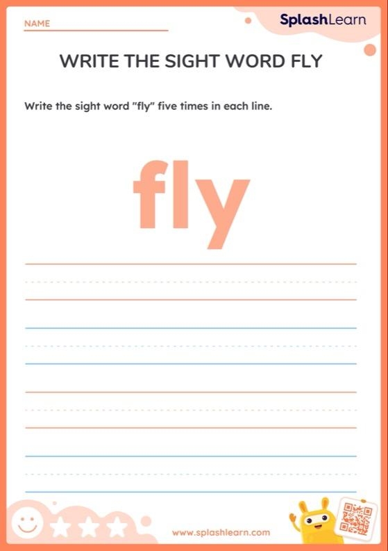 Worksheet for tracing and writing the sight word "fly" designed for kindergarten students