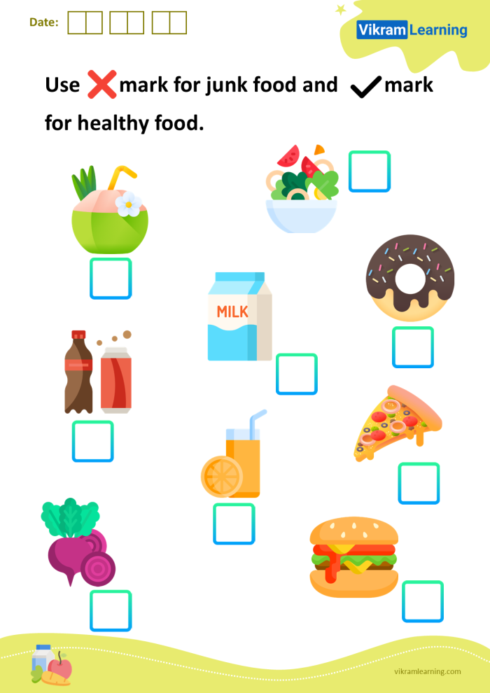 Colorful worksheet for kindergarteners on healthy foods featuring a cut-and-paste activity. Food Is Fantastic: Healthy or Not Healthy? worksheet for grade K.