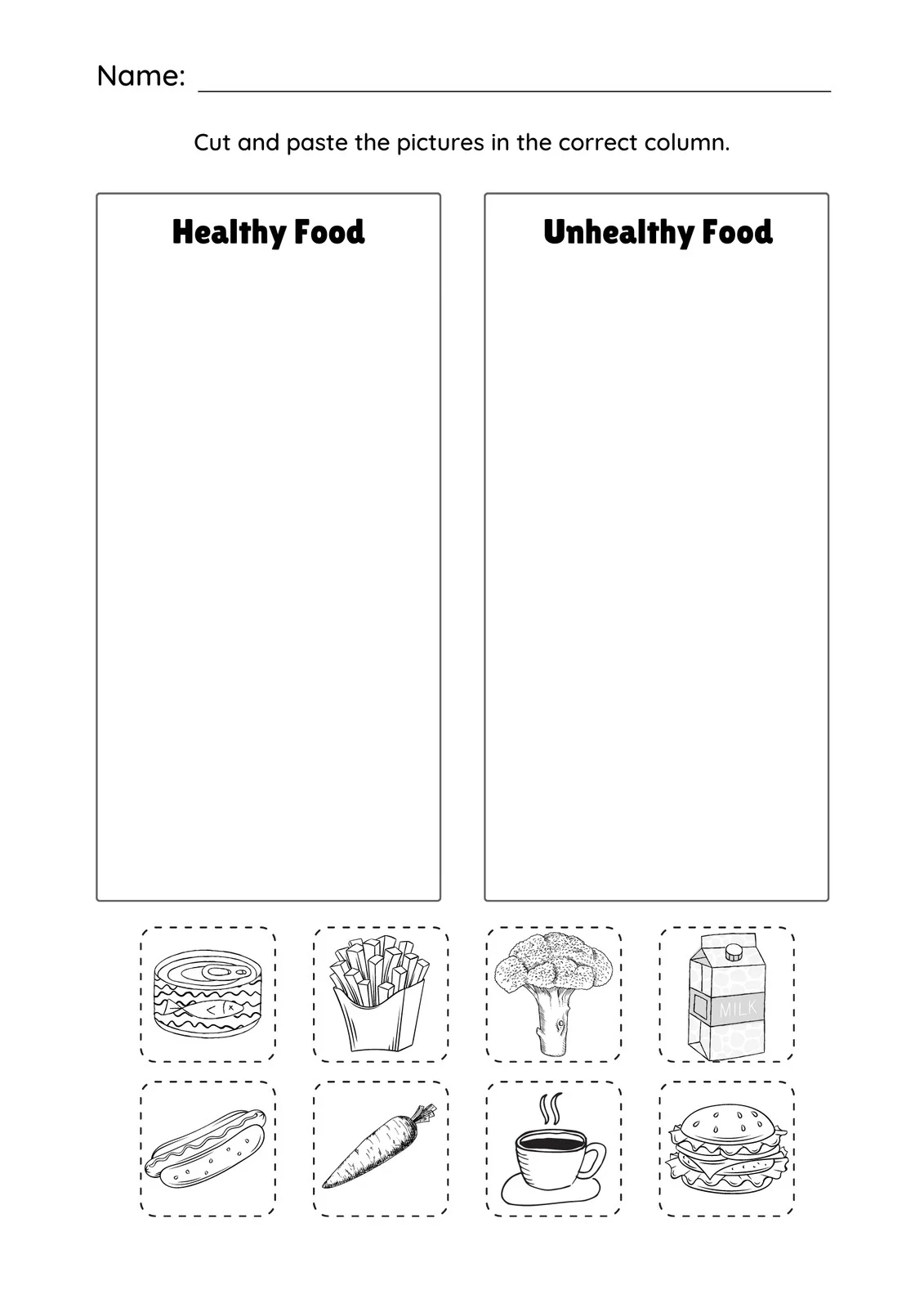 Colorful worksheet for kindergarteners about healthy and unhealthy foods