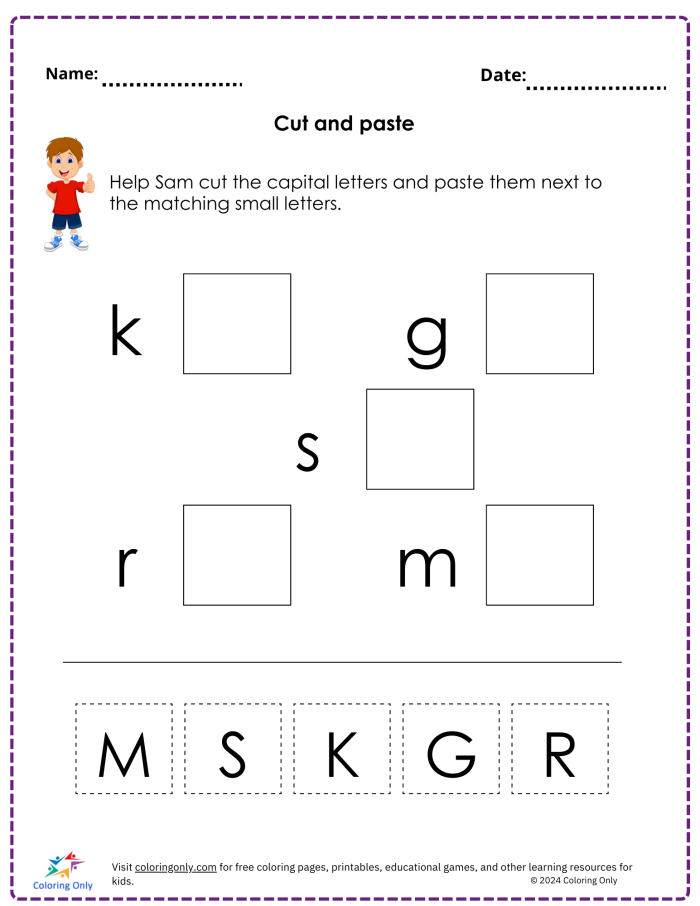 Kindergarten student practicing handwriting on a food-themed Copy It! worksheet