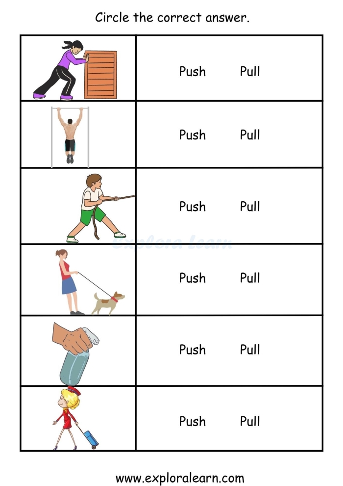 Kindergarten science worksheet featuring simple illustrations of objects being pushed or pulled