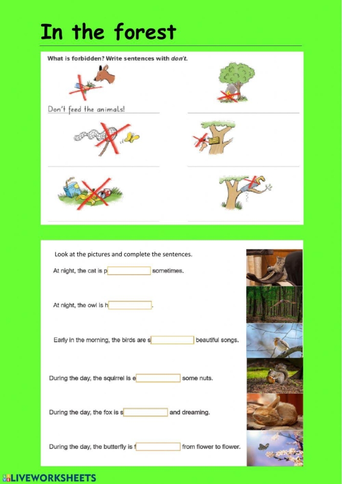 Kindergarten worksheet featuring a matching activity for forest animals and their names