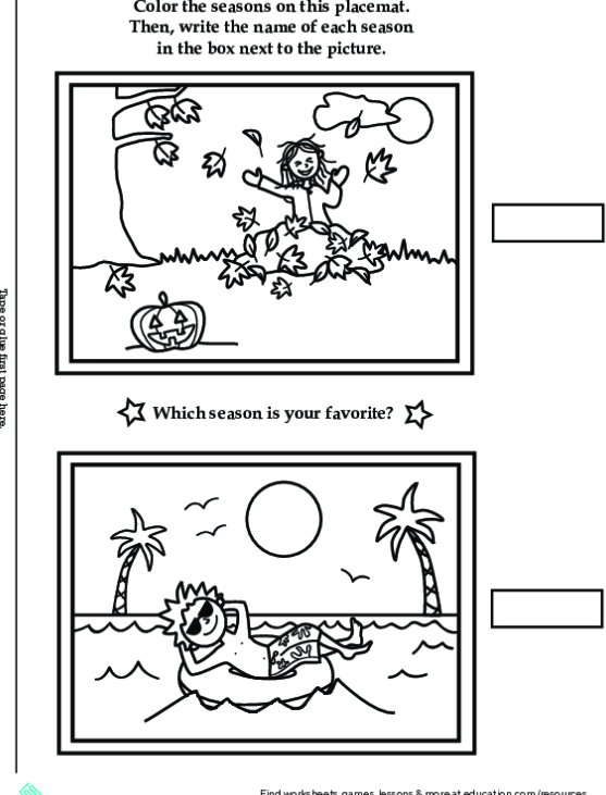 Kindergarten student completing a Four Seasons Activity Placemat worksheet with seasonal illustrations to color