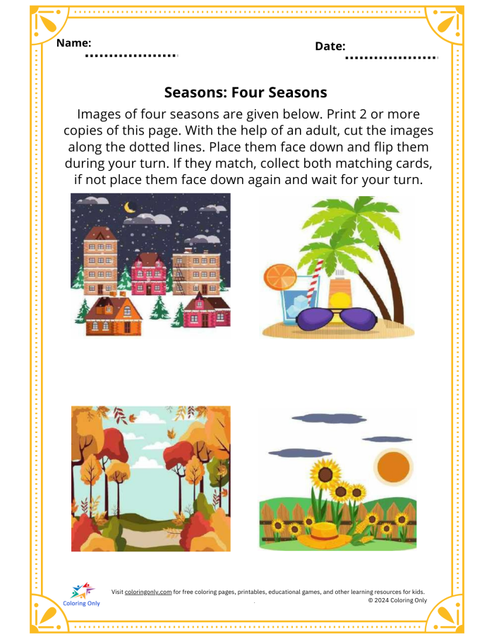 Kindergarten worksheet featuring a four seasons activity placemat for students to label and color