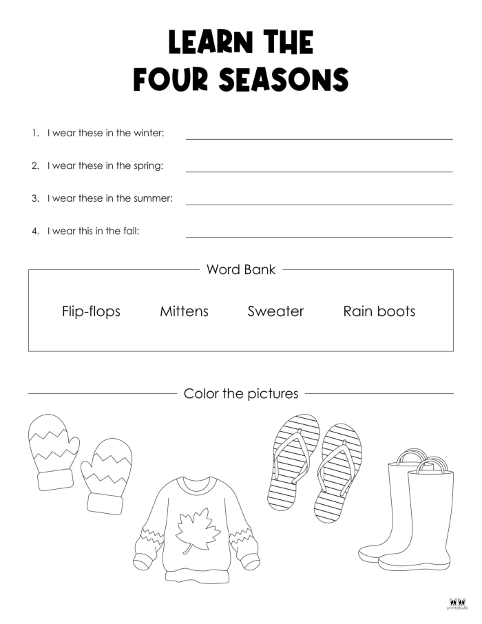 Four Seasons Activity Placemat worksheet for kindergarten featuring seasonal images to color