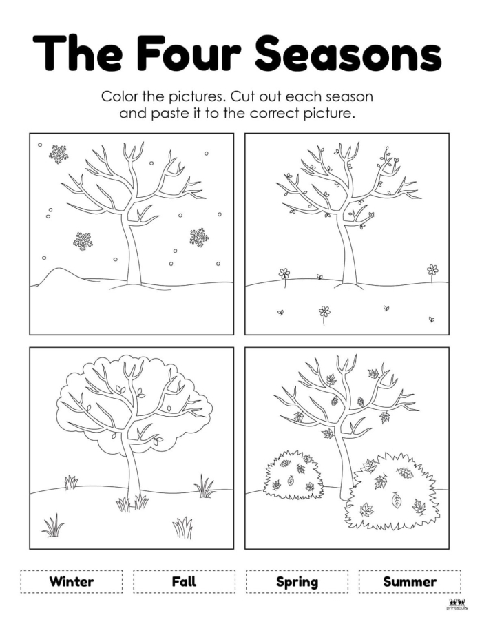 Four Seasons Activity Placemat worksheet for kindergarten featuring seasonal illustrations to color