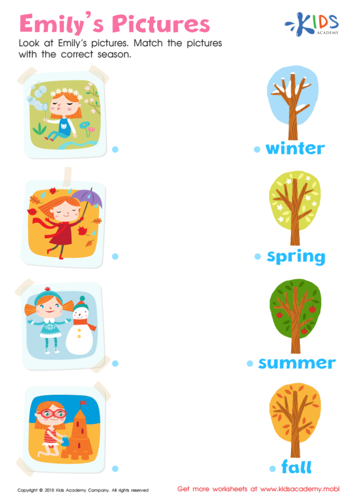 Interactive worksheet for understanding the four seasons in Earth and Space Science for kindergarten. A fun way to learn about weather variations. A kindergarten worksheet featuring the four seasons for young learners to match images with their corresponding season. Engaging activity for teaching weather changes throughout the year.