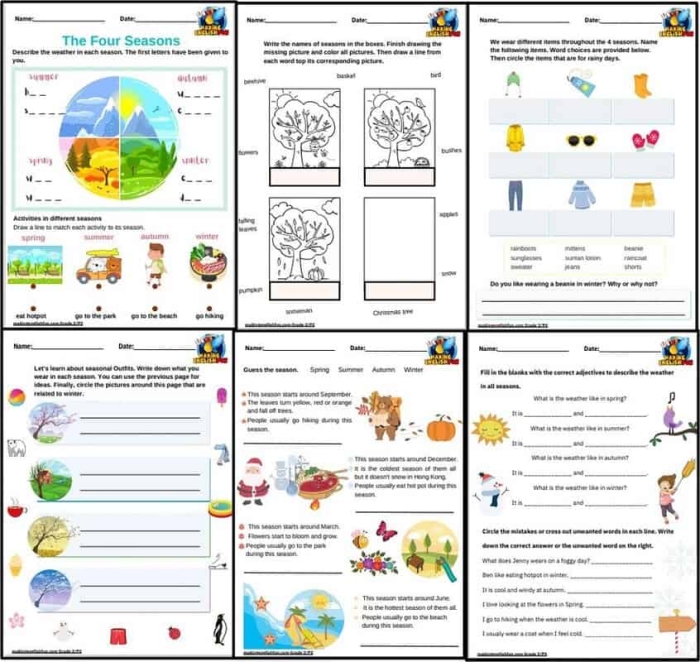 Earth and Space Science worksheet for Kindergarten Worksheet illustrating the four seasons for kindergarten students, featuring matching activities. Educational resource for understanding seasonal weather changes in a fun way.