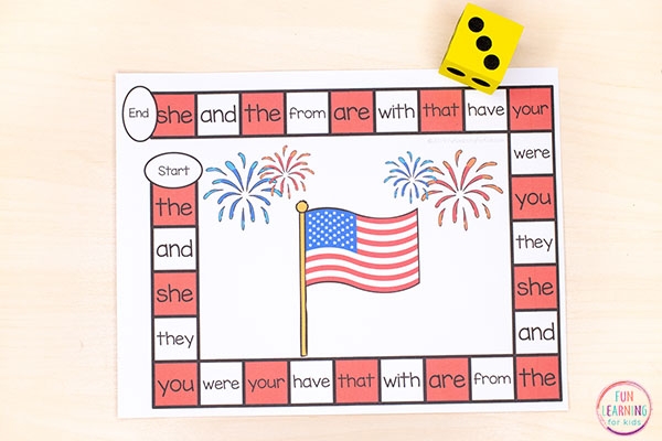 Kindergarten 4th of July game worksheet with reading activities for kids